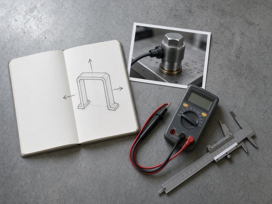 Ett öppet anteckningsblock med en skiss och pilar, ett foto av en instrumenterad detalj, en multimeter och ett skjutmått.