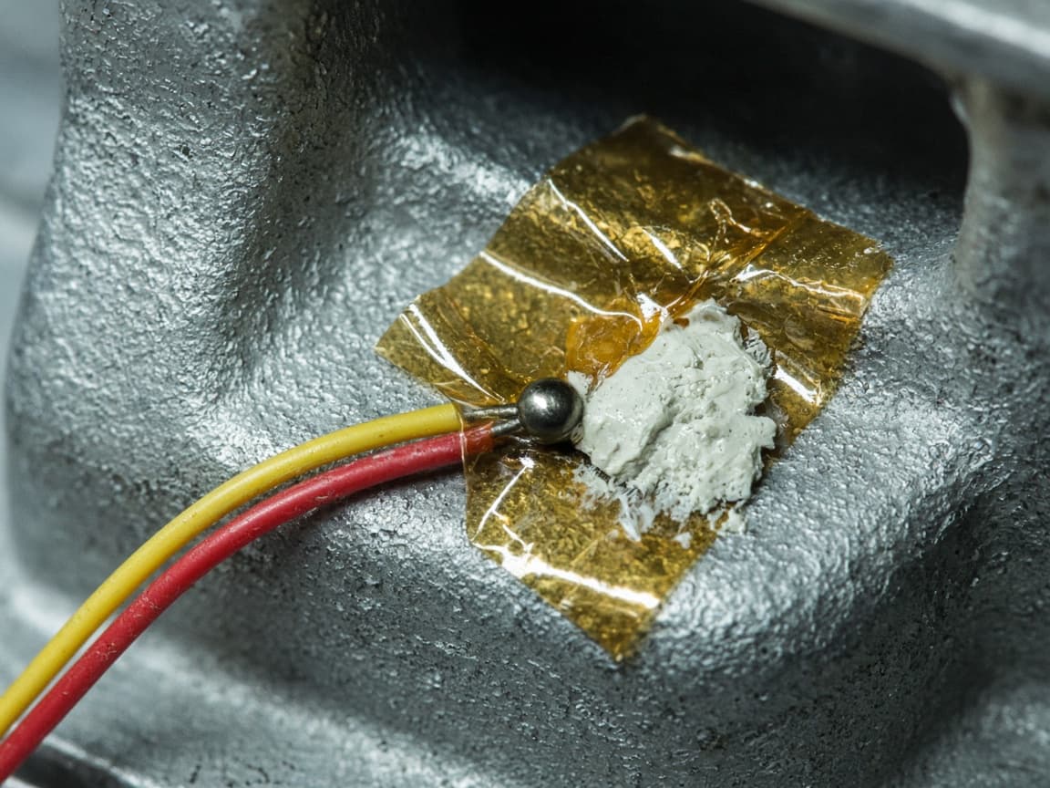 Ett termoelement med gul och röd ledare, fäst på ett aluminiumhus med kaptontejp och ljus cement.